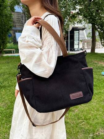 極簡灰色窄線絨大容量肩托包