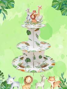 1pc 3-Tier Jungle Animal Paper Cupcake Stand, Suitable For Baby Shower, Birthday Party Decoration, Cardboard Cupcake Holder, Cupcake Tower, Fit For Wild Theme Party, Christmas And More - Multicolor - View 3