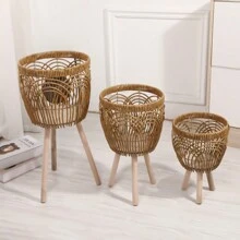 1pc Woven Flower Pot Rack Imitation Rattan Floor-Standing Shelving Unit For Living Room And Balcony, Indoor Bamboo Woven Flower Basket Plant Holder