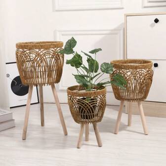 1 pièce Rack de pot de fleur tressé, étagère sur pied en imitation rotin pour salon et balcon, panier de fleur en bambou tressé pour plante d'intérieur