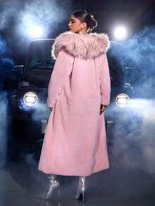 Women's Long Fluffy Coat With Pockets, Patchwork Design And Large Lapel Collar - Pink - View 2