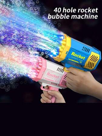 1pc Children's 40-Hole Rocket Launcher Handheld Portable Electric Automatic Bubble Gun With LED Light, Suitable For Boys And Girls, Party, Birthday, Halloween, Christmas Gifts