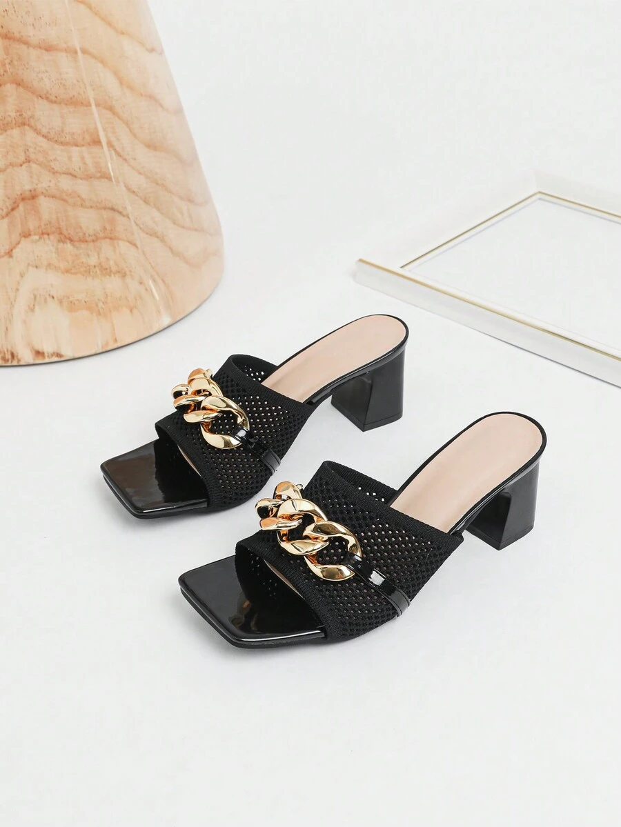 2024新款高跟涼鞋女款透氣柔軟針織厚跟鞋