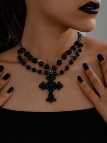 1pc Goth Style Dark Cross Pendant Necklace, Fashion Jewelry Suitable For Party, Halloween And Daily Wear - Black - View 1
