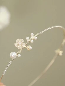 1pc Pearl Flower Rhinestone Decor Alloy Simple Headband For Women Tiaras - Gold - View 3