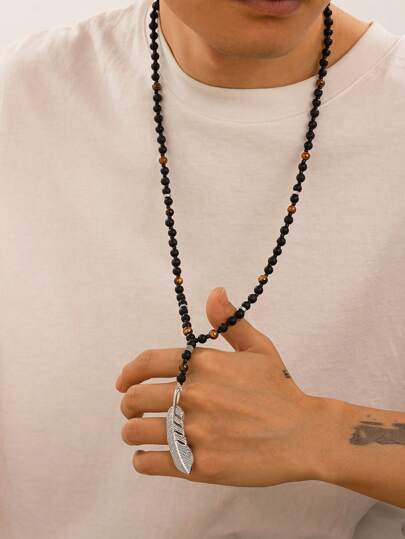 1pc Fashionable Vintage Feather Pendant Volcanic Stone Beaded Necklace Men's Daily Wear Gift For Friends