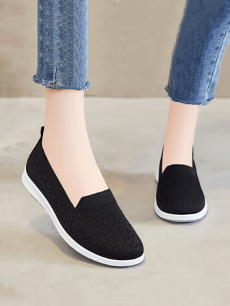 Femmes, respirantes à mailles, baskets légères anti-dérapantes tricotées en motif unicolore à diamants, style mocassins à coupes basses, toutes tailles, conviennent pour la maison et les voyages, trois couleurs noir/violet/rose, chaussures à semelles plates.