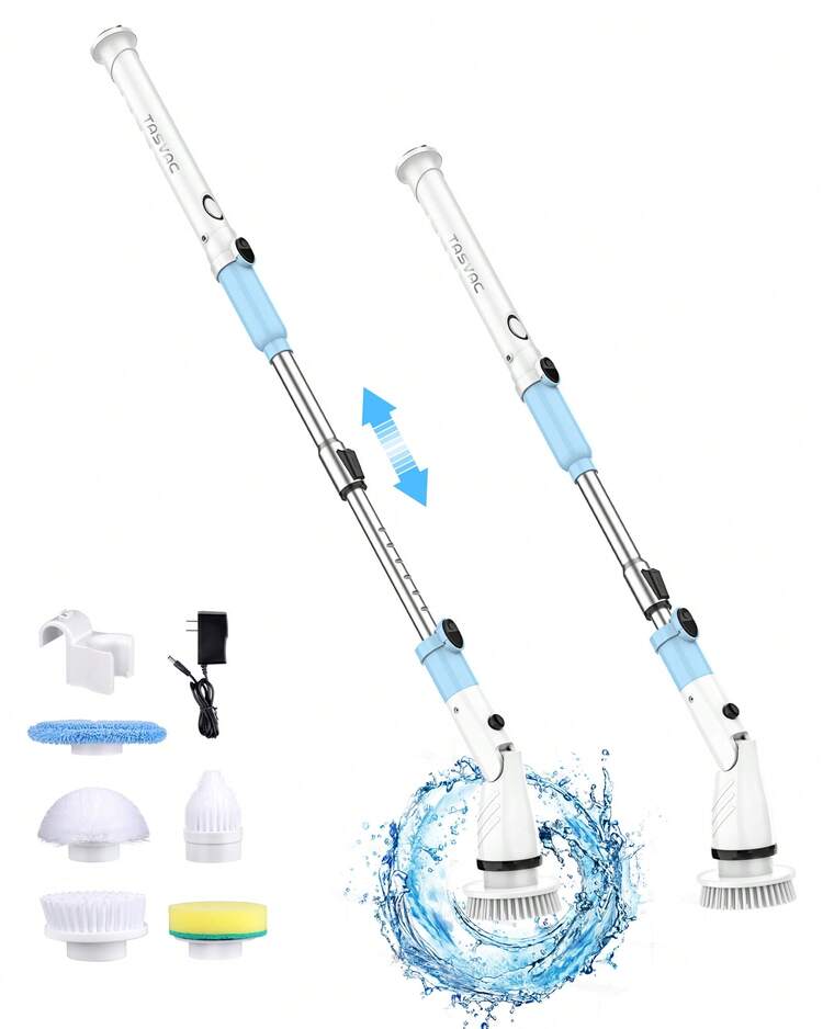 TASVAC EB5電動旋轉刷，450RPM免插座淋浴刷，配有5個可更換的清潔頭和可調節的伸縮臂，1.5H強功率浴室清潔刷，適用於浴缸、灰縫、瓷磚、地板、牆壁、水槽 - 白色 - 查看 2