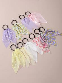 10 قطعة مطاط شعر بناتي مطبوع عليه زهور وشريط ، إكسسوارز ديكورية يومية