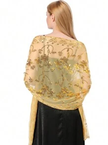 1 Stück eleganter, modischer, handgefertigter gestrickter Schal mit Pailletten-Herz- und Blumendesign für Frauen, hervorragend für Abendpartys, Bühnenauftritte und tägliches Accessoire, Frauentag, Valentinstag