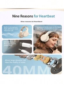 无线头戴式游戏耳机，具有防噪音立体声、长电池寿命和零延迟，运动游戏耳机 - 米色 - 查看 2