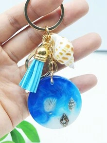 1入青藍色海洋主題樹脂膠鑰匙扣，具有海星、海貝吊飾和流蘇裝飾，男女禮物 - 藍色 - 查看 3