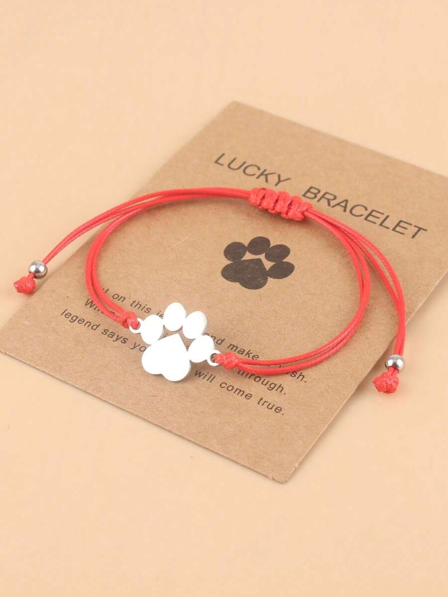 Cute Bear 1pc Lovely Stainless Steel Paw Bracelet With Braided Wax Cord, Adjustable Wristband For Dad And Mom Gift, Father's Day And Mother's Day Present With Blessing Card - Dog Claw bracelet - View 1