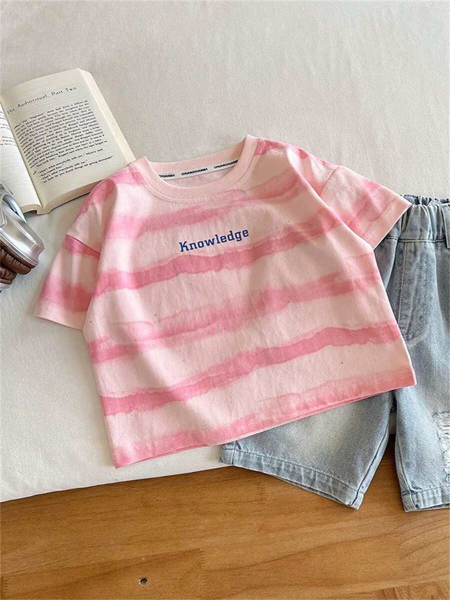 小男孩夏季新款衣服粉色条纹短袖男女通用字母T恤 - 粉色 - 查看 1