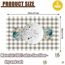 2入組南瓜廚房抹布45 X 70厘米水彩藍灰色格子棉質廚房毛巾、茶巾，感恩節農家廚房、秋季手巾 - 彩色 - 查看 3