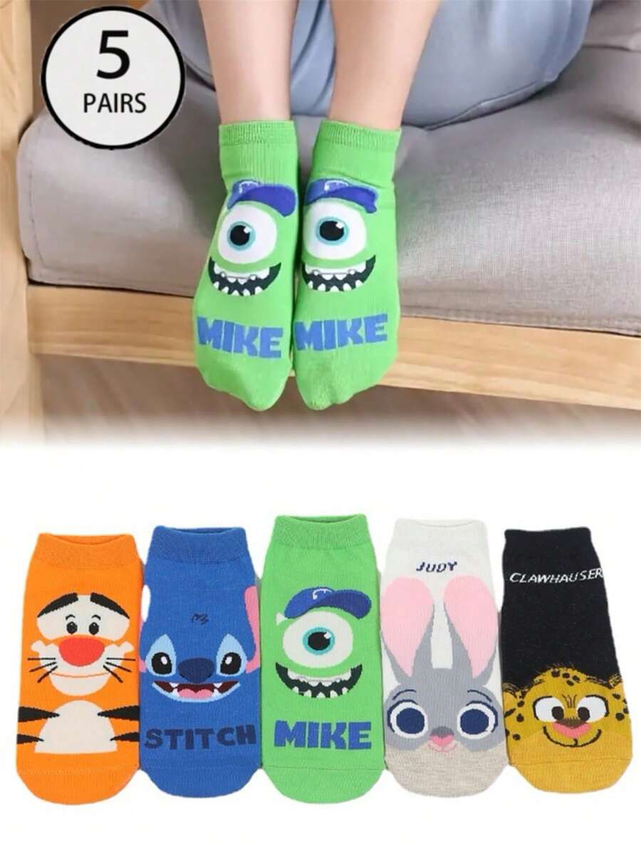 5 pares de calcetines de pareja Stitch Tigger con tres ojos, divertidos, bonitos, versátiles, cómodos, transpirables e inodoros en una mezcla de colores para hombres y mujeres - Multicolor - Ver 1