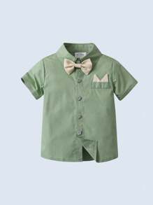 2pcs Set Baby Boy Gentleman Style Short Sleeve Collar Shirt With Bowtie & Khaki Suspender Shorts, Suitable For Birthday Parties, Weddings, Performances And Banquets