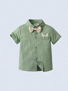 2pcs Set Baby Boy Gentleman Style Short Sleeve Collar Shirt With Bowtie & Khaki Suspender Shorts, Suitable For Birthday Parties, Weddings, Performances And Banquets