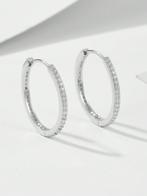 1 Pair Of S925 Sterling Silver European And American New Style Earrings, Large Circle, Micro-paved , Elegant Earrings, Simple, Versatile And High-end Earrings
