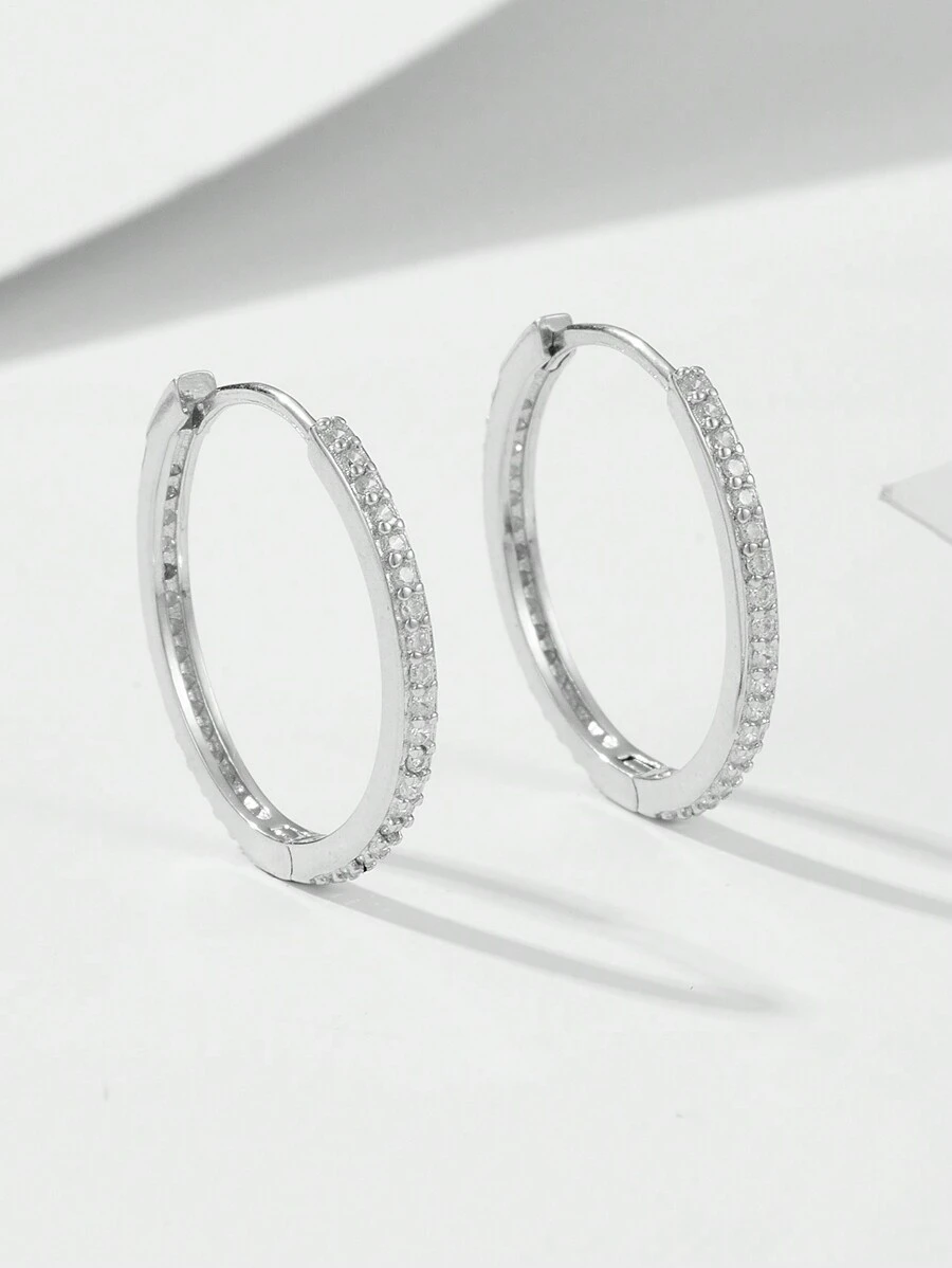 1對歐美新款s925純銀耳環,大圓環,鑲微鑽鑲嵌,典雅耳飾,簡約、百搭、高端 - 白色 - 查看 1