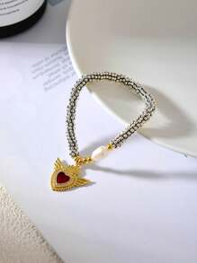 1件创意时尚个性化设计优雅轻盈奢华铜镶嵌锆石不对称水滴心形串珠养殖珍珠手链，适合女性、姐妹、情侣、毕业礼物，也是情人节、日常聚会、节日、圣诞节的理想之选。