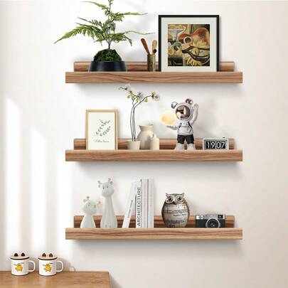 3 件乡村风格木制浮动搁板，用于墙壁装饰的展示壁架，带边缘的浴室厨房搁板，用于卧室、客厅装饰的现代图片壁架