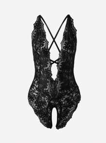 1pc Women's Sexy Lace Hollow Out Bodysuit Lingerie, Suitable For Home Use For Going Out, Baddie Look