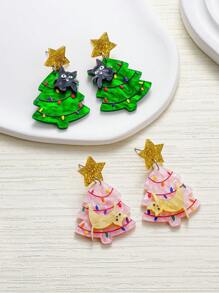 1對歐美風格時尚星空聖誕樹貓幾何甜美耳環，適用於休閒聚會 - 聖誕樹 - 查看 5