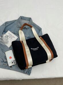 大容量帆布手提袋，時尚休閒，適用於通勤和學校 - 黑色 - 查看 6