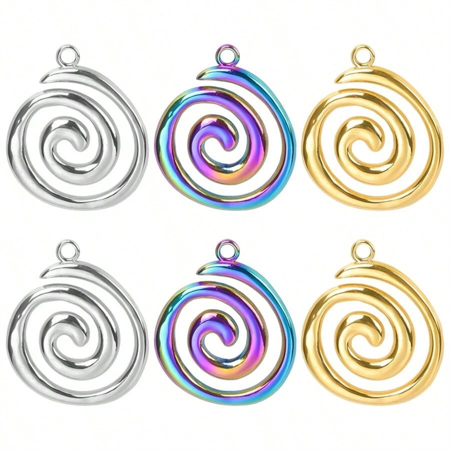 5pcs/Pack Simple Stainless Steel Geometric Round Spiral Decor DIY Jewelry Making Pendant, Necklace & Earring, 18K Gold Plated Vacuum Coating Silver Jewelry Making Accessory - S1130 - View 1