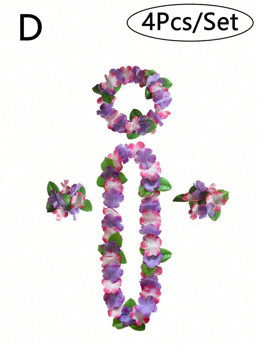 1 set de guirnaldas de flores hawaianas, collar de leis hawaiano, collar de guirnalda de Hawái, recuerdos de fiesta con tema de flores tropicales de Hawái, flores de hibisco tropical para fiestas de piscina de verano y fiestas con tema de Hawái, para decoración DIY y disfraces - Estilo D - Ver 1