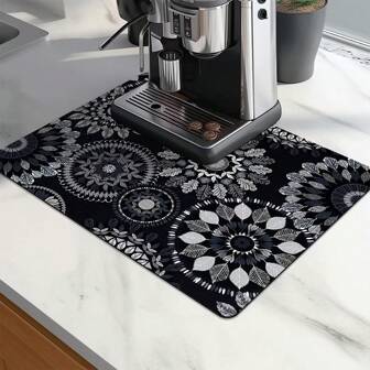 1 ST Kaffematta Boho Style Dish Torkmatta, Designer Kaffebryggare Mat, Disktorkmatta Trimmbar, Gummibaksida, Köksbänksskydd, Värmebeständig, Super Absorbent -, Snabbvattenabsorption, Dölj fläckar, Lätt att rengöra, Passa till Kaffebartillbehör, Barmattor För bänkskiva (svart), kök, sommarstrandfest, mat, camping, arrangör, rumsinredning, köksartiklar.