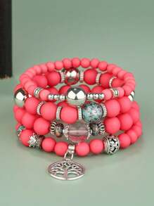 4pcs/set Tree Detail Round Charm Beaded Bracelet - Purple - View 9
