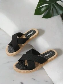 Women's Simple And Fashionable Black Cross Strap Open Toe Flat Sandals, Resort Style Summer Outdoor Design Flat Sandals - Black - View 5