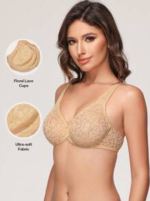 Women's Sexy Lace Bra Sheer Bras Underwire Added Support - Apricot - View 3