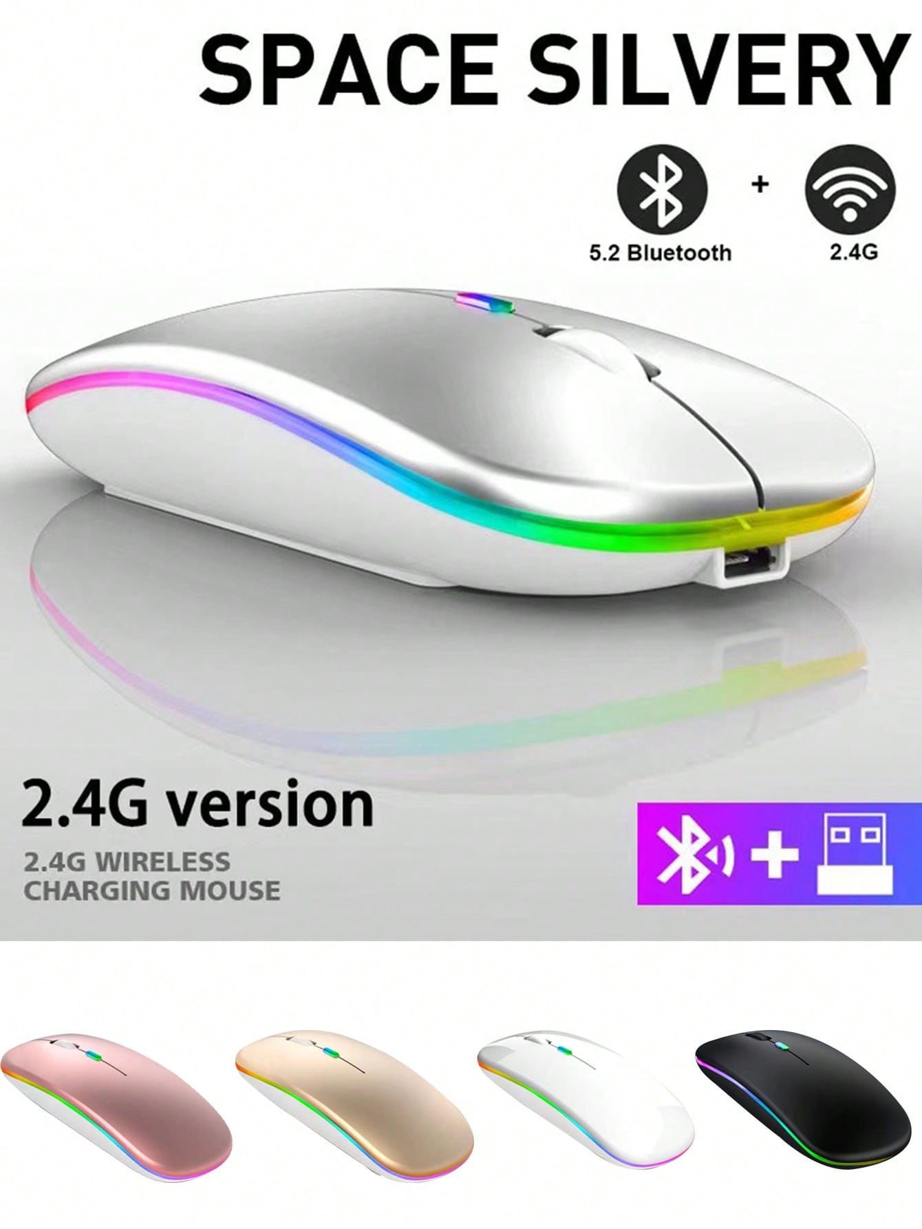 فأرة لاسلكية مضيئة صامتة مزدوجة الوضع قابلة للشحن...