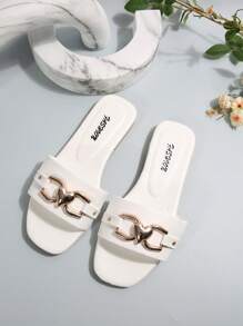 Women's Gold Fashionable Flat Sandals, Elegant And Versatile Color Scheme, Perfect For Daily Wear And Office, Open Toe Slip-On Slippers - White - View 5