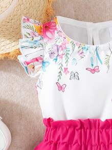 Young Girl Floral Flutter Sleeve Top And Solid Color Shorts Summer Casual Outfit