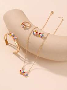 5入組少女菊花設計油滴耳環、戒指、項鍊、手環和髮夾珠寶套裝