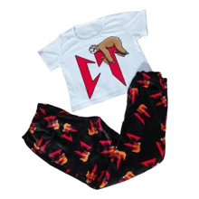 Pijama para Dama CT Corridos Tumbados Perezoso durmiendo Natanael moda Playera (Crop Top) + Pantalón Polar - Negro - Ver 1