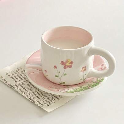 1set 250ml Pink Flower Sea Ceramic Coffee Cup And Saucer Set, Hand Painted Lovely Girl's Heart Afternoon Tea
