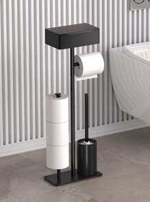 1pc Vertical Toilet Paper Holder With Toilet Brush, Freestanding Toilet Paper Roll Dispenser, Bathroom Storage Rack, Large Capacity Black Tissue Holder Bathroom Accessories Bathroom Tools - Black - View 2