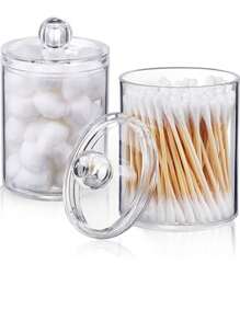 4 件装清洁棉签架分配器塑料药瓶套装方形浴室收纳盒牙线棒容器浴室罐梳妆台化妆品收纳盒带盖适用于圆形垫子储存 - 彩色 - 查看 4