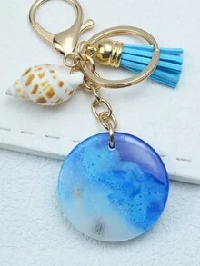 1入青藍色海洋主題樹脂膠鑰匙扣，具有海星、海貝吊飾和流蘇裝飾，男女禮物 - 藍色 - 查看 2
