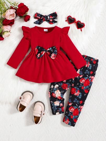 Baby Girl Long Sleeve Purple Flower Printed Top With Solid Color Pants, Fall/Winter