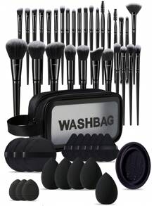 49pcs Professional Makeup Tools Set For Beginners Including 30pcs Makeup Brushes For Powder, Blush, Eyeshadow, Eyeliner, And Detailing Brushes + 5pcs Beauty Egg Makeup Sponge For Liquid Makeup Application + 6pcs Triangle Sponge Powder Puff For Loose Setting Powder + 3pcs Finger Puff For Concealing + 1pc Waterproof Makeup Bag For Storage + 1pc Makeup Brush Cleaning Bowl + 3pcs Large Round Powder Puff For Setting Face Makeup - Black - View 1