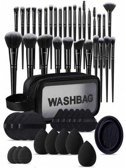 49 Stück professionelles Make-up-Set für Anfänger, bestehend aus 30 Stück Make-up-Pinseln für Puder, Rouge, Lidschatten, Eyeliner und Details sowie 5 Stück Beauty-Ei Make-up-Schwämme für flüssige Make-up-Anwendung, 6 Stück Dreieck-Puder-Quasten, 3 Stück Finger-Quasten zum Abdecken, 1 Stück wasserdichte Make-up-Tasche zur Aufbewahrung, 1 Stück Make-up-Pinsel-Reinigungsschale und 3 Stück große runde Puder-Quasten zum Fixieren des Gesichts-Make-ups