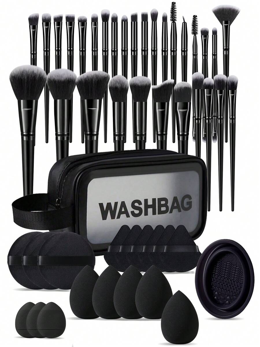 49pcs Professional Makeup Tools Set For Beginners Including 30pcs Makeup Brushes For Powder, Blush, Eyeshadow, Eyeliner, And Detailing Brushes + 5pcs Beauty Egg Makeup Sponge For Liquid Makeup Application + 6pcs Triangle Sponge Powder Puff For Loose Setting Powder + 3pcs Finger Puff For Concealing + 1pc Waterproof Makeup Bag For Storage + 1pc Makeup Brush Cleaning Bowl + 3pcs Large Round Powder Puff For Setting Face Makeup - Black - View 1
