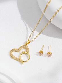 3入組/套銅質精美時尚閃亮鋯石心形和圓形吊墜項鍊耳環套裝，女士配戴，日常佩戴，母親節禮物 - A - 查看 10