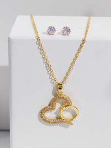 3入組/套銅質精美時尚閃亮鋯石心形和圓形吊墜項鍊耳環套裝，女士配戴，日常佩戴，母親節禮物 - A - 查看 5